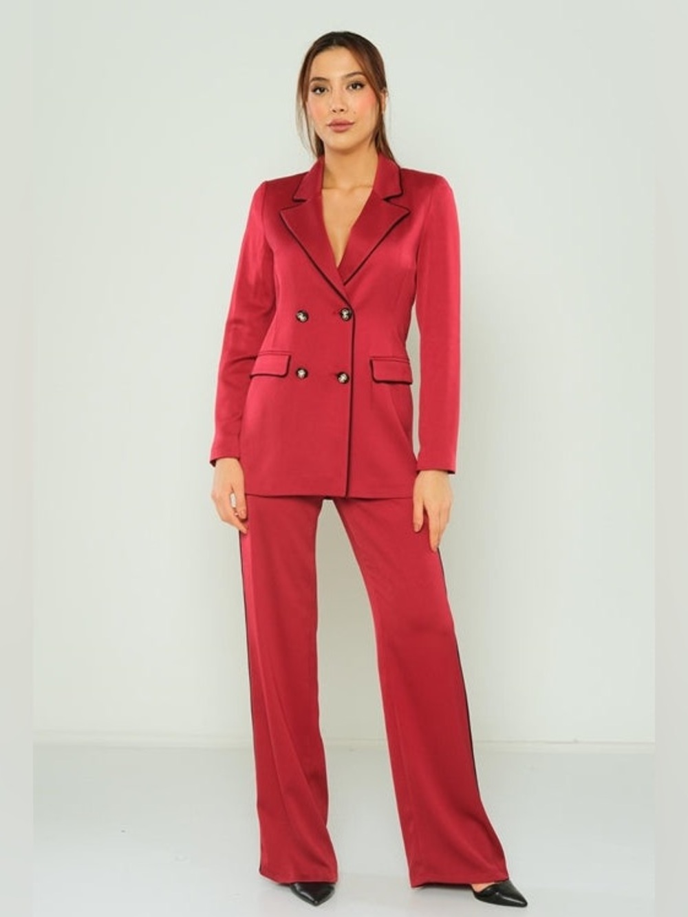 Double-Breasted Women's Red Pant Suit Blazer & Wide-Leg Pants